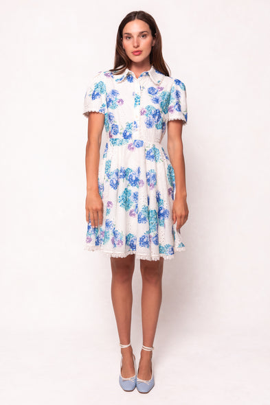 A woman wears the Ivy City Co Penny Dress in Blue Floral, a collared, knee-length dress with blue floral patterns. She pairs it with light blue heels and stands facing forward, arms relaxed, against a white background.