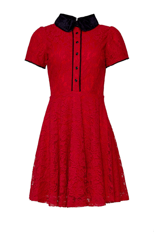 Red dress with black collar and buttons on a white background
