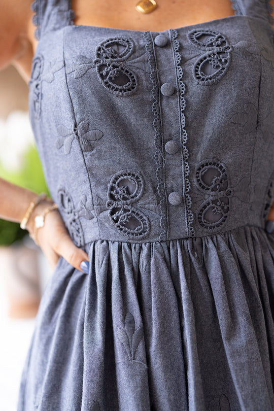 Penny Tank Midi Dress in Embroidered Chambray
