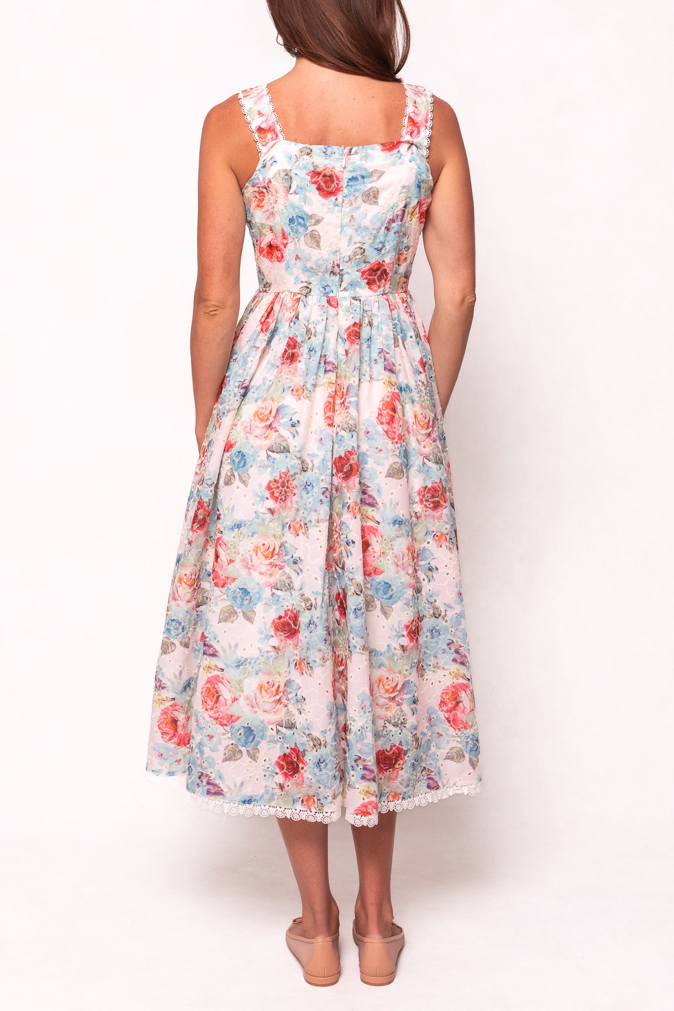 midi multicolor dress for women White Multi Cotton Floral Midi Dress - All Dresses