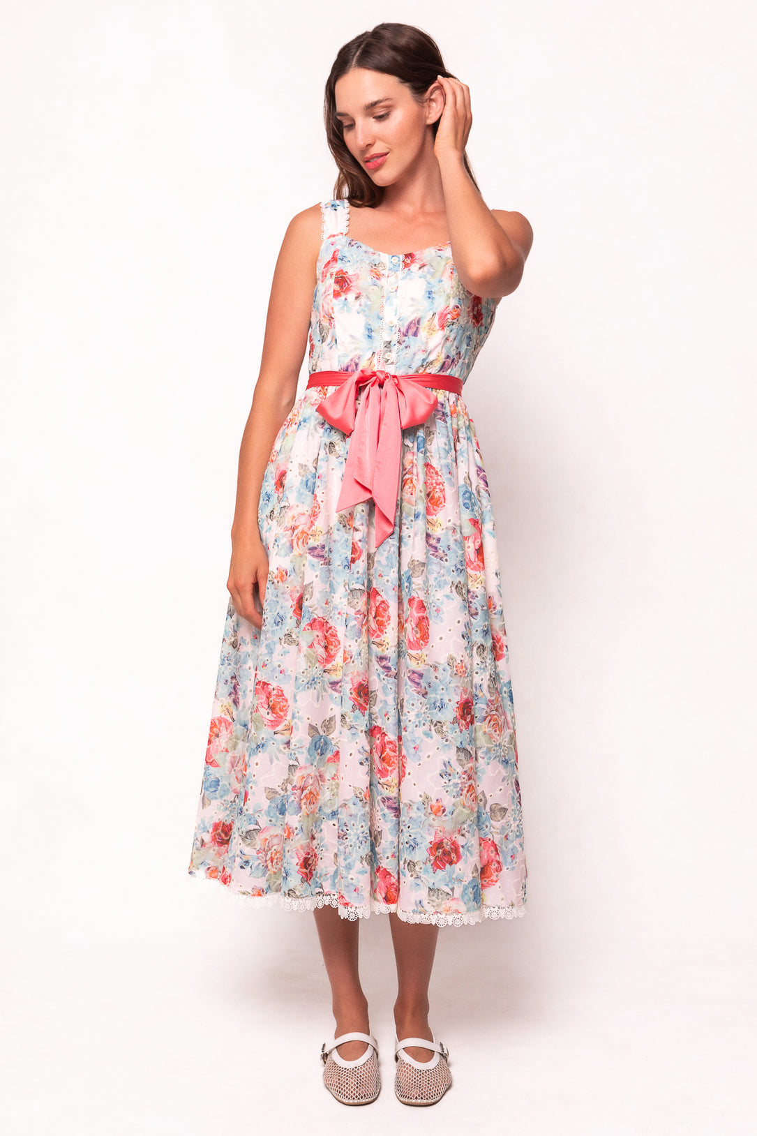 co midi dress Floral twill midi dress, white