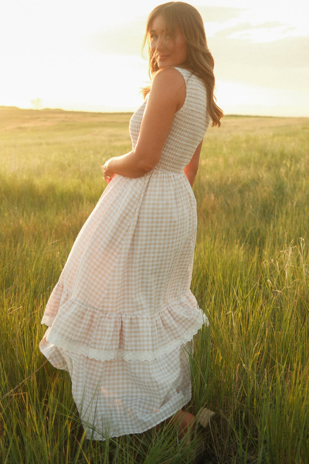 Presley Sleeveless Dress in Cream Gingham