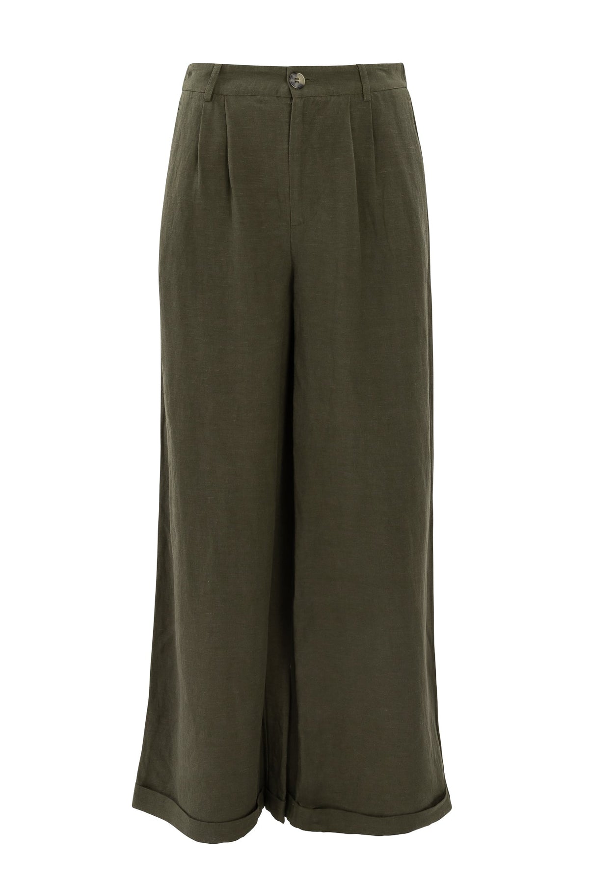Ivy City Co Veronica Pants in Green: high-waisted, wide-leg linen-blend trousers in olive green with a button closure and cuffed hems.