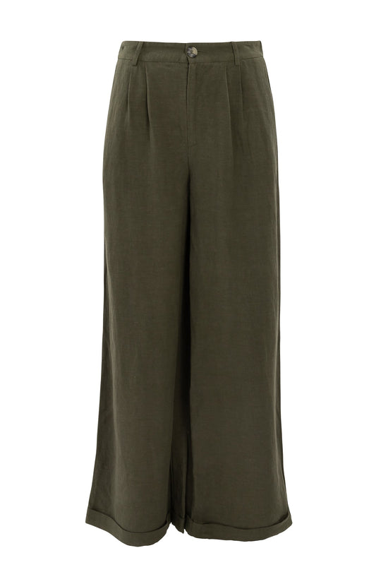 Ivy City Co Veronica Pants in Green: high-waisted, wide-leg linen-blend trousers in olive green with a button closure and cuffed hems.