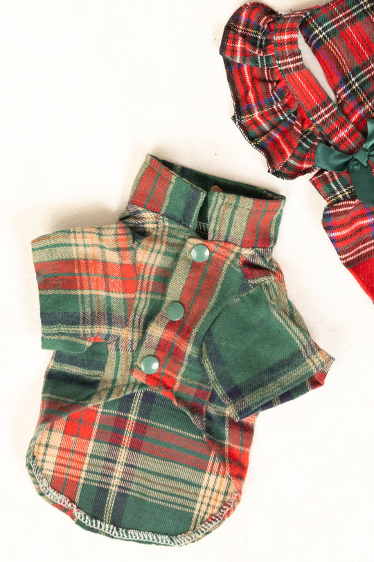 plaid dog clothes against a white background
