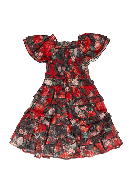 The Mini Winnie Dress in Midnight Roses by Ivy City Co is a short-sleeve, knee-length dress with ruffled tiers and a striking red, black, and green floral design. Featuring puffed sleeves and a smocked bodice, this charming piece is perfect for coordinated mommy-and-me looks.