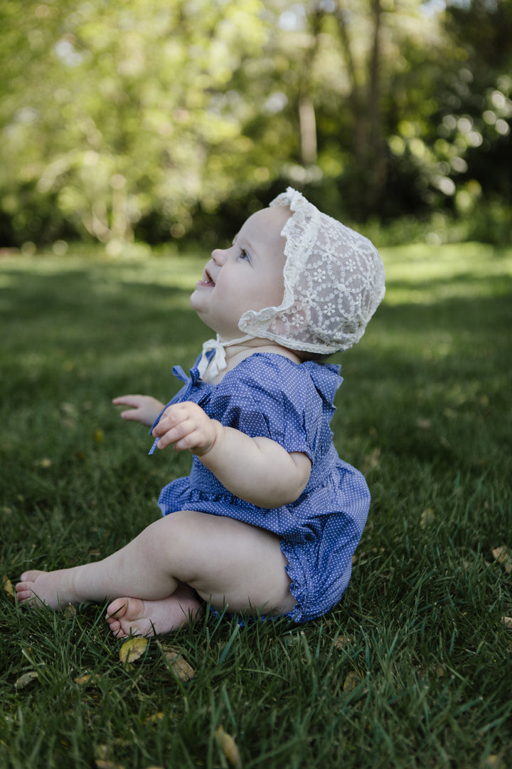 Baby Rae Romper in Blue Polka Dot