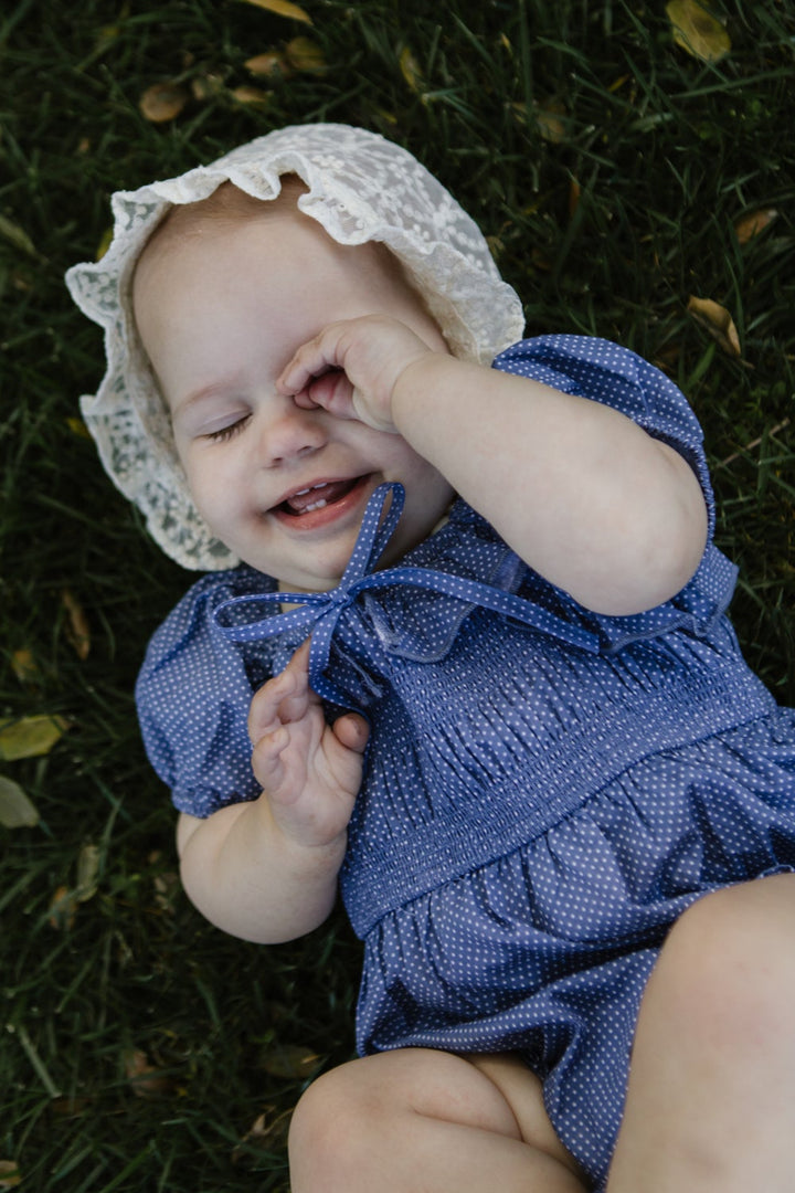 Baby Rae Romper in Blue Polka Dot