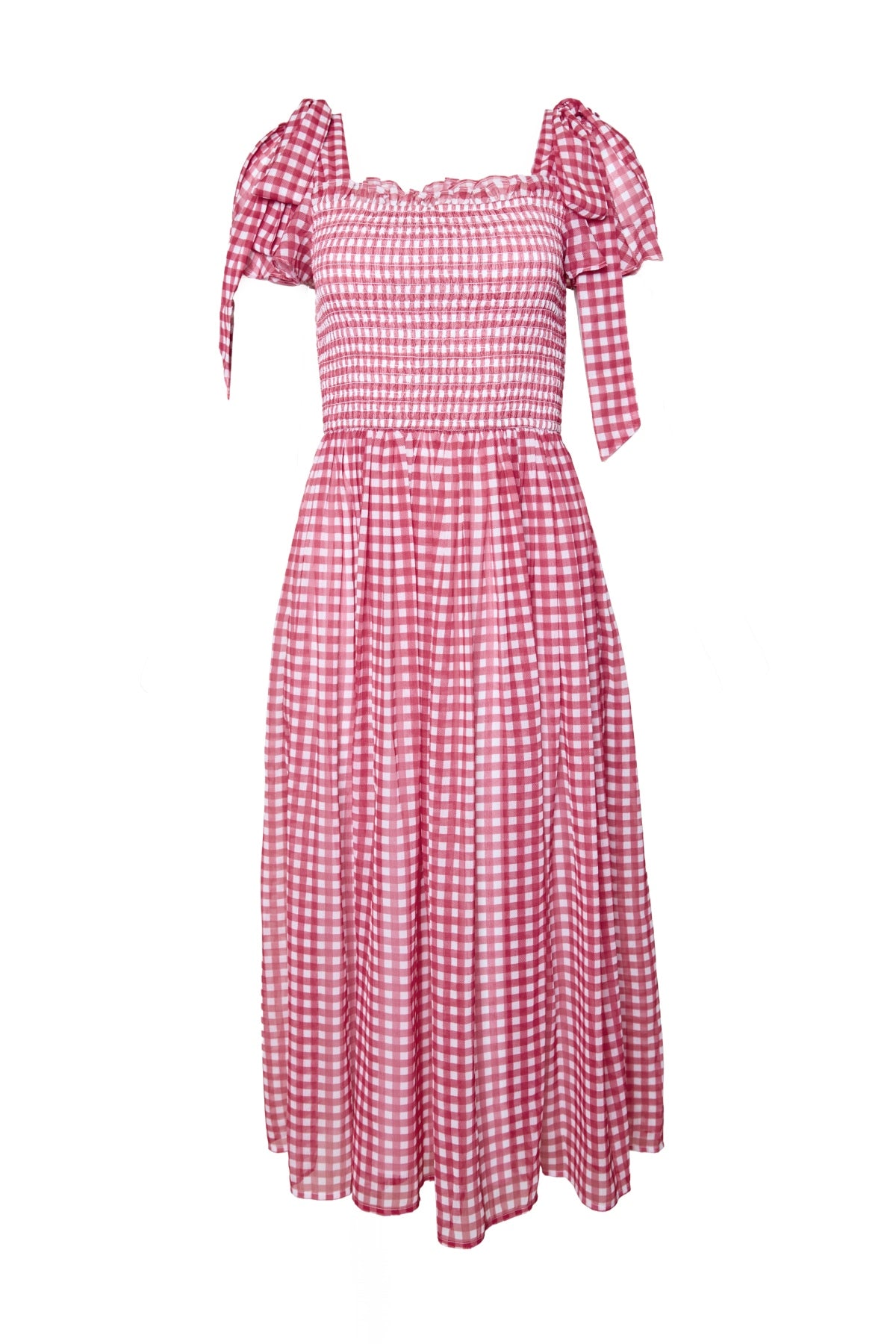 The Rayna Dress in Red Gingham by Ivy City Co features a smocked bodice, short puff sleeves with tied bows, a square neckline, and a gathered flowy midi skirt—offering a fresh take on the classic red gingham dress.