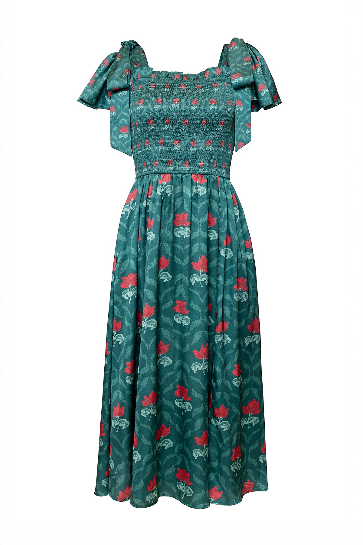 Green dress with red floral pattern on a white background