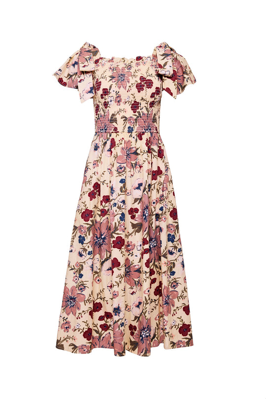 Floral dress with ruffled shoulders on a white background