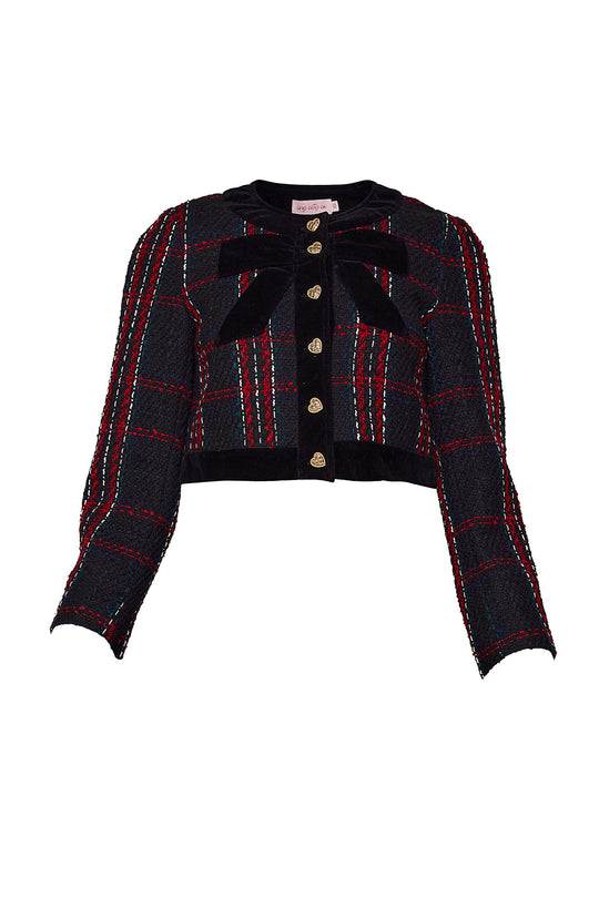 Black and red plaid jacket with a bow on a white background