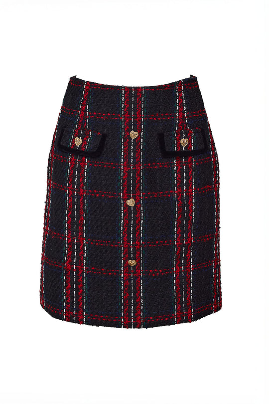 Plaid skirt with heart-shaped buttons on a white background