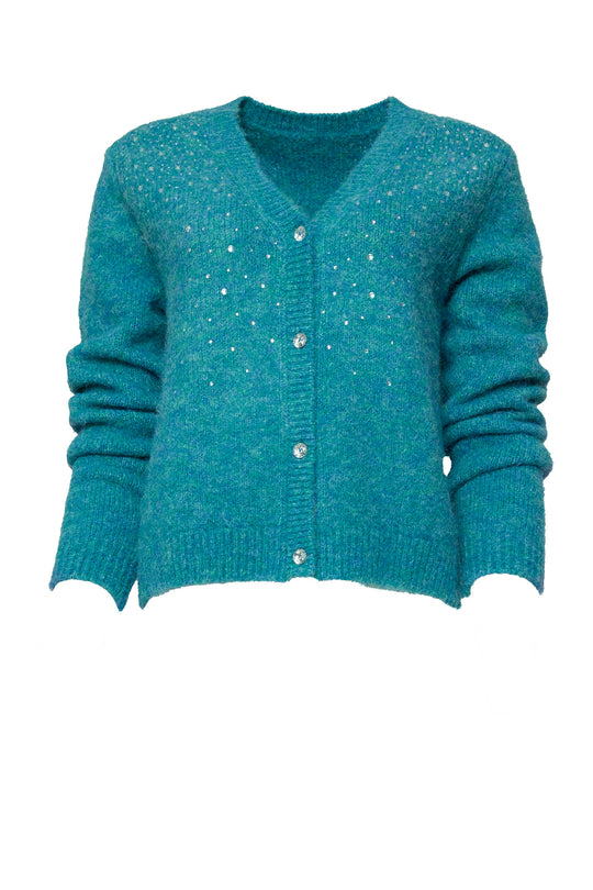 blue sweater with rhinestones against a white background