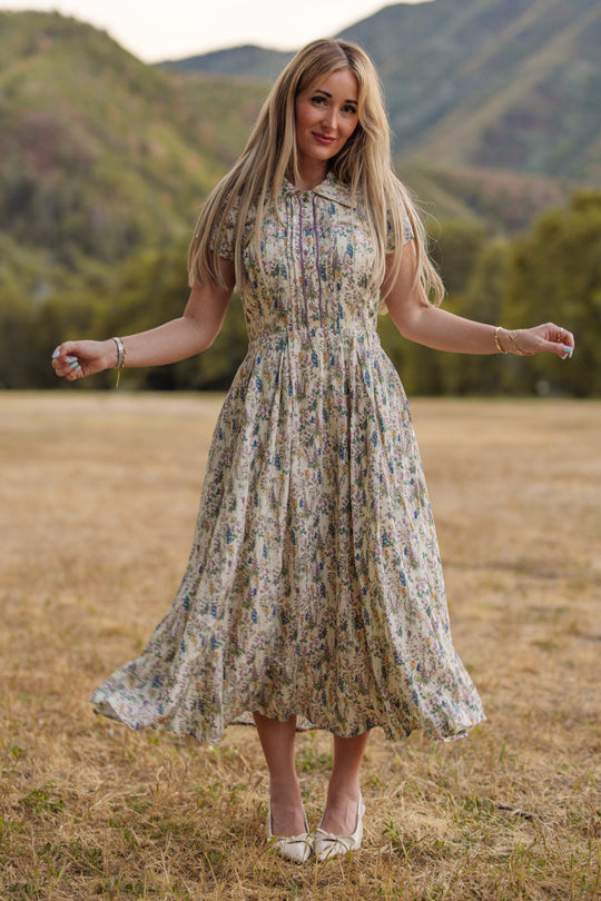 A woman wearing the Ivy City Co Amber Dress in Autumn Bouquet stands outdoors on dry grass with trees and mountains in the background, smiling as she holds out her skirt.