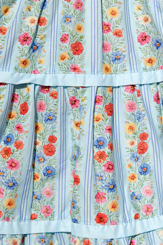 close up image of blue floral tiered fabric
