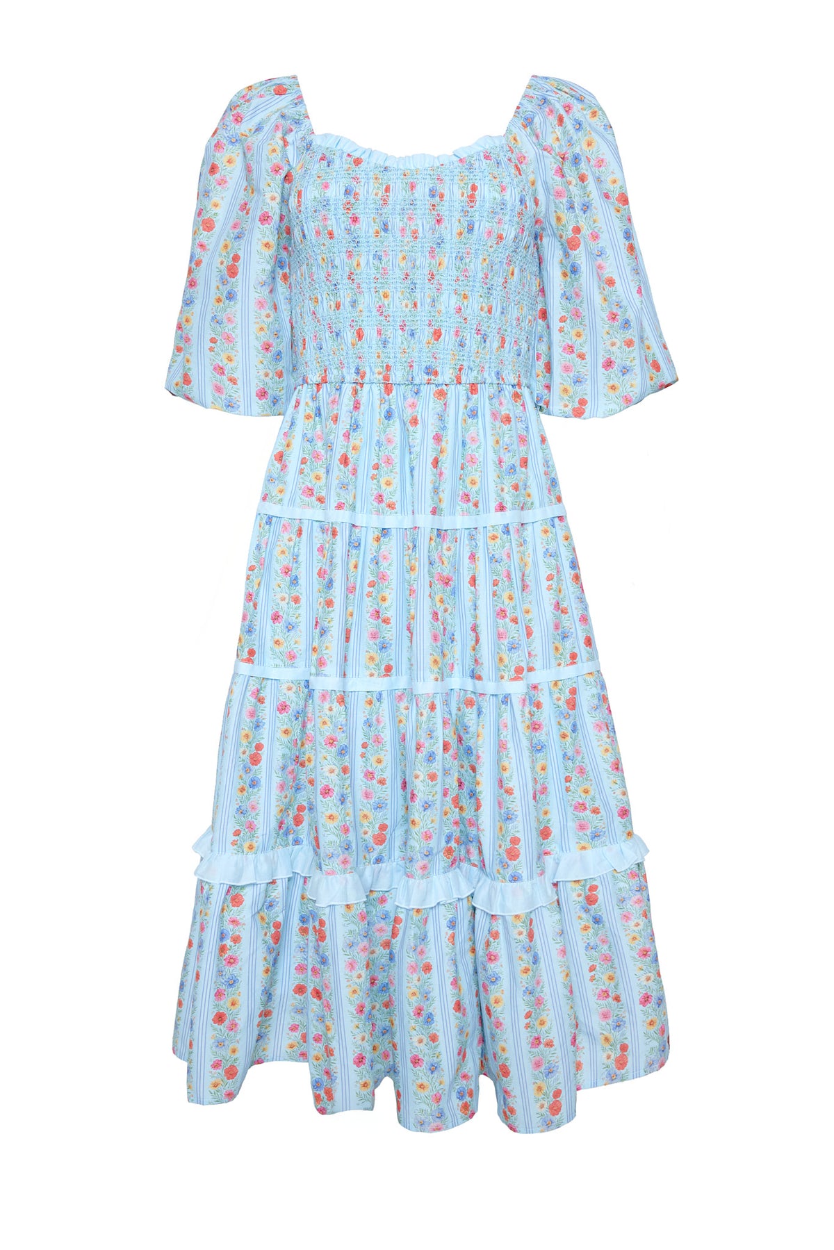 a blue floral dress against a white background