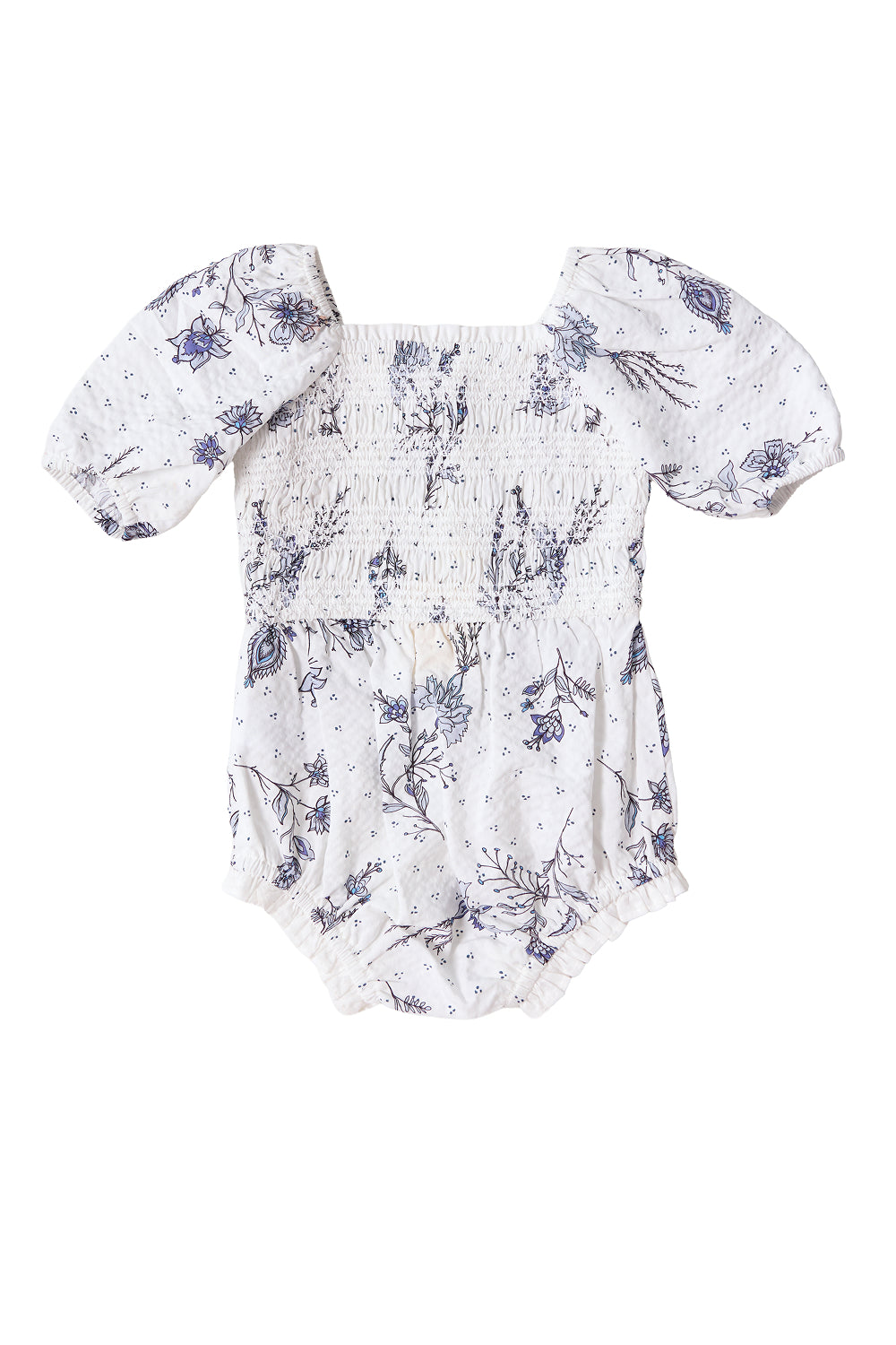 The Ivy City Co Baby Roselyn Romper in Blue Enchanted Floral features short puff sleeves, smocked chest detailing, elasticized leg openings, and is part of a Mom & Me set.