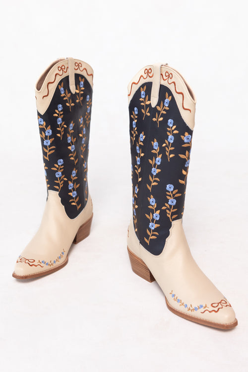 Rosemary Cowgirl Boots in Cream & Navy