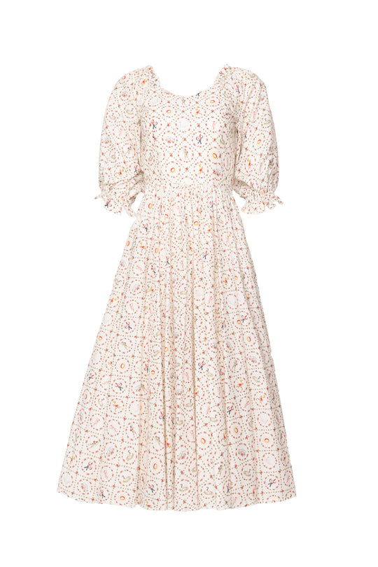 Floral dress with puff sleeves on a white background