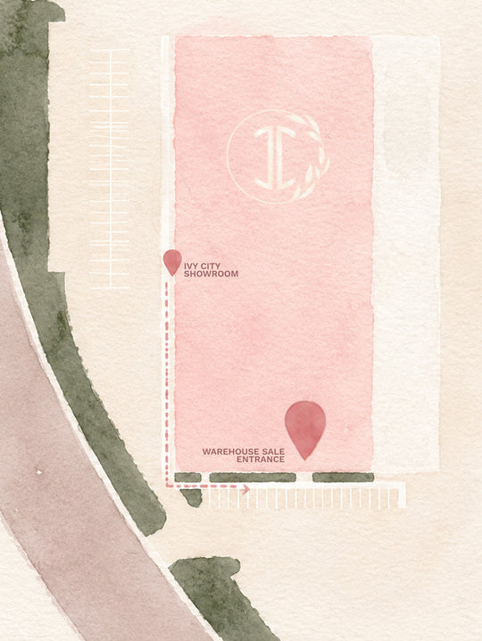 A watercolor-style map highlights Ivy City Co's July 17-18 | Utah Warehouse Sale in Riverton, Utah, featuring a pink building marked as the Ivy City Showroom and Warehouse Sale Entrance. A dashed path connects these locations, with parking spaces shown on the left and bottom sides, emphasizing this ticketed admission event.