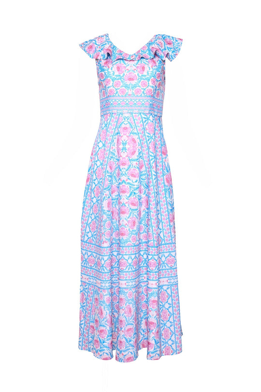 The Samara Dress in Thistle Flower Mosaic Florise by Ivy City Co is a sleeveless, ankle-length dress with ruffled shoulders, showcasing a vibrant pink, blue, and white floral pattern.