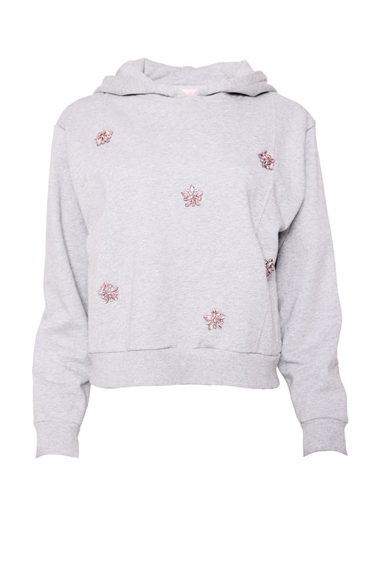 The Skylar Hoodie in Heather Gray by Ivy City Co features light heather gray fleece, long sleeves, and scattered pink floral embroidery on the front. It is shown against a plain white background.
