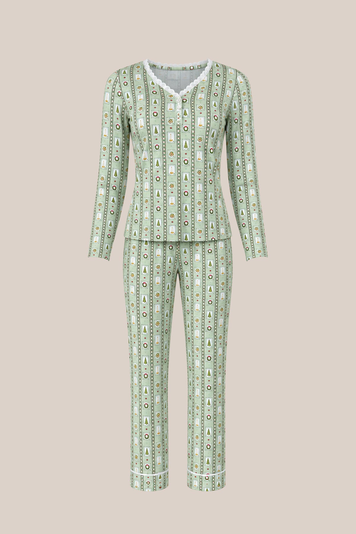 The So Soft Henley Pajama Set in Merry Mail Linear by Ivy City Co features green and white stripes, long sleeves, pants, and maternity-friendly comfort with tree and geometric prints on a beige background.
