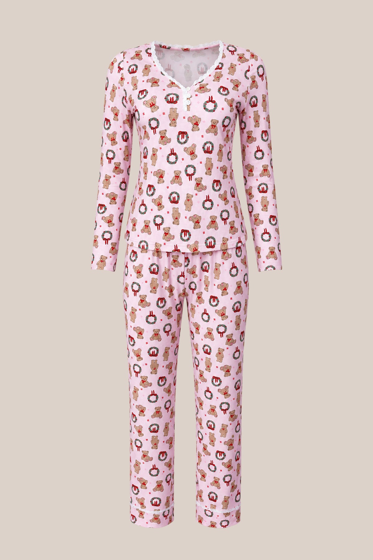 The So Soft Henley Pajama Set in Teddy Bear Wreaths by Ivy City Co features pink long sleeves, a lace-trimmed neckline, and cute cupcake and bear prints—maternity friendly and perfect for cozy nights.
