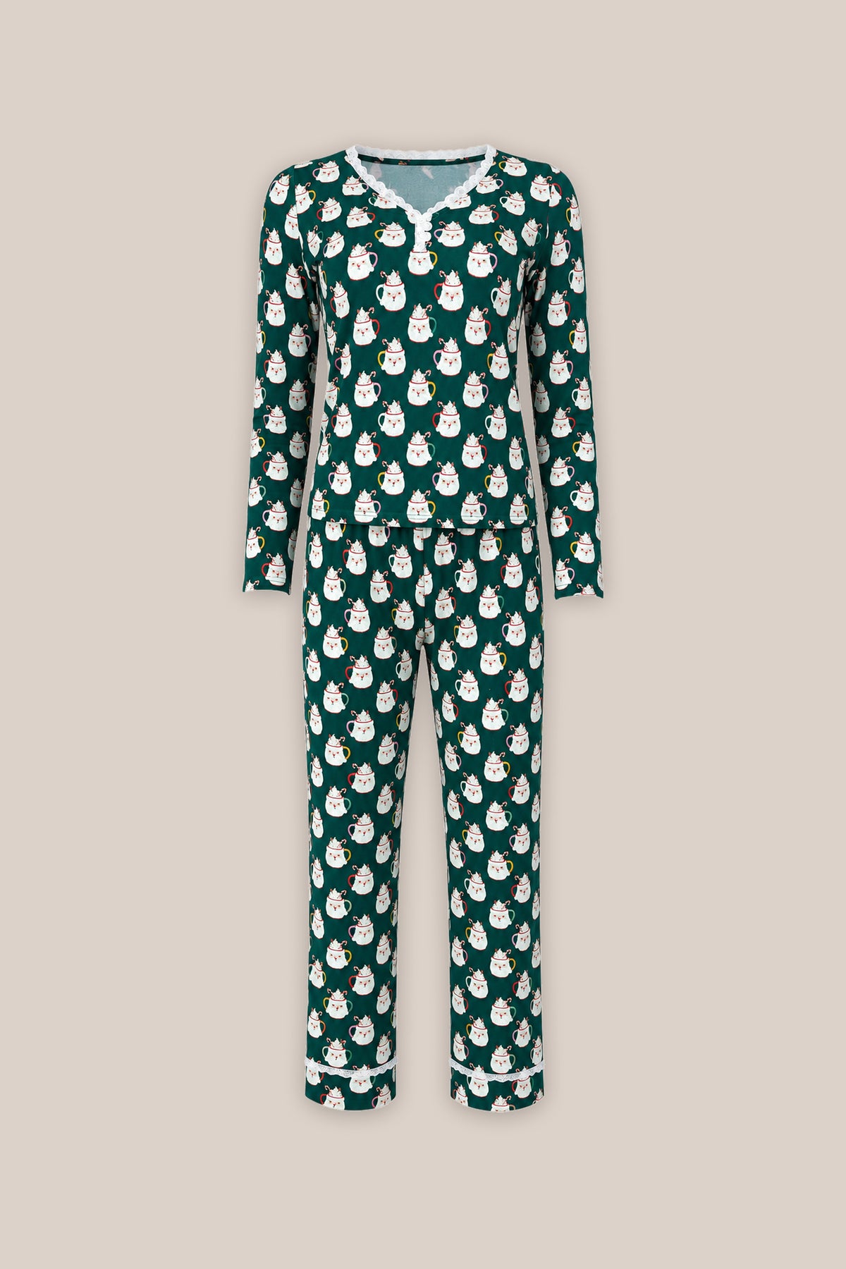 So Soft Henley Pajama Set in Very Merry Santa by Ivy City Co: green long-sleeve holiday PJs with a white snowman print, lace-trimmed collar, and matching pants in soft cotton-modal fabric.