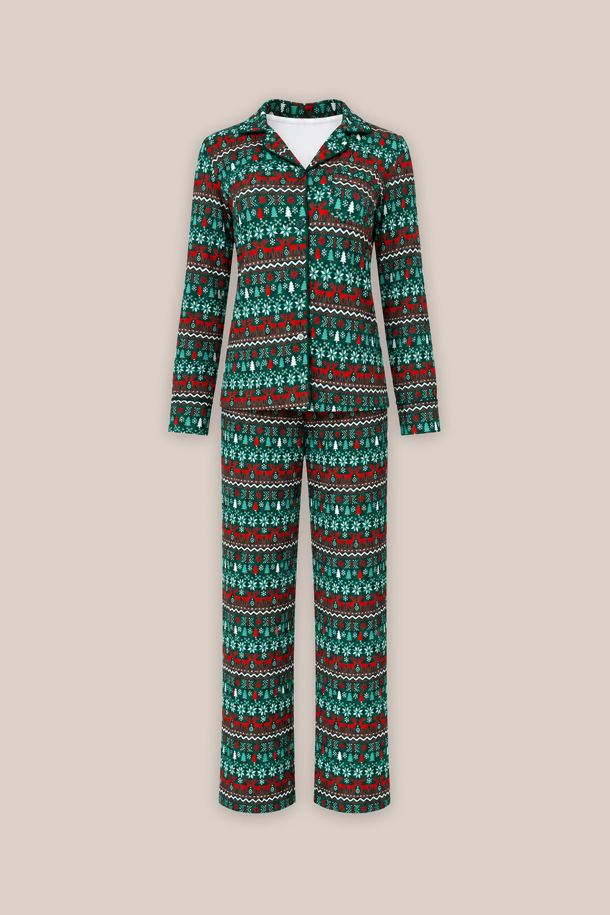 The So Soft Pajama Set in Alpine Noel by Ivy City Co features green, red, and white holiday patterns on cozy cotton-modal knit; maternity and nursing friendly, shown on a neutral beige background.