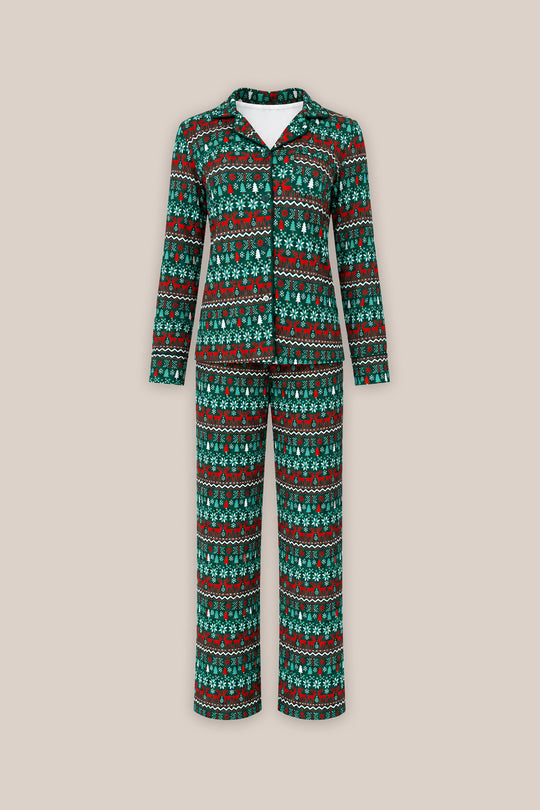 The So Soft Pajama Set in Alpine Noel by Ivy City Co features green, red, and white holiday patterns on cozy cotton-modal knit; maternity and nursing friendly, shown on a neutral beige background.