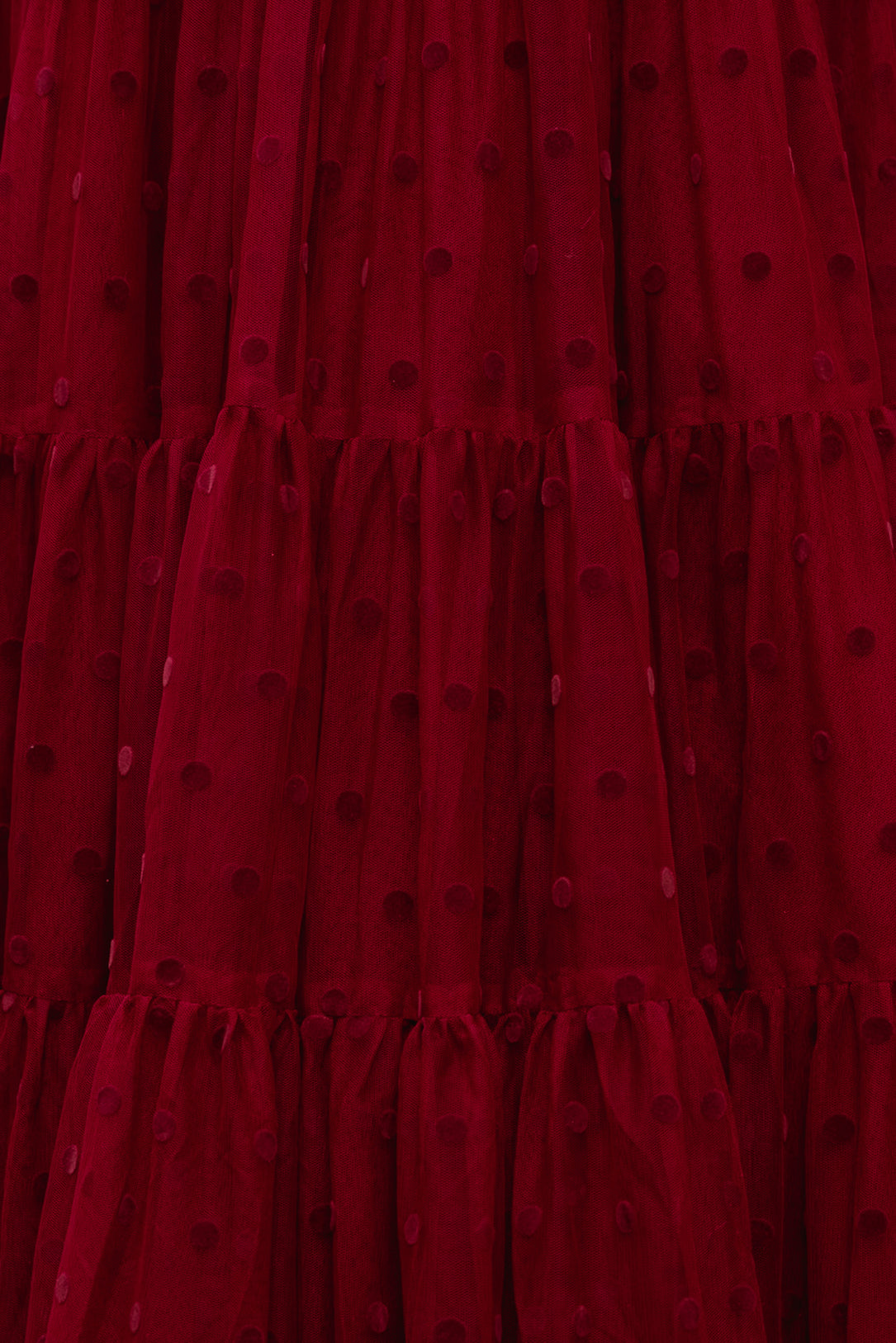 Close-up of a red dress with black polka dots