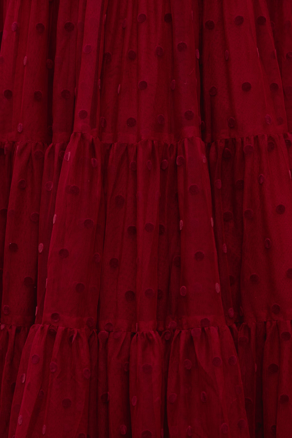 Close-up of a red dress with black polka dots