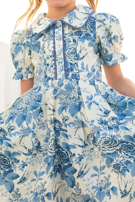 A young girl wears the Ivy City Co Mini Sophia Dress in Blue Floral, featuring bird and floral patterns, puffed short sleeves, a wide collar, and decorative buttons—a charming spring dress perfect for any occasion.