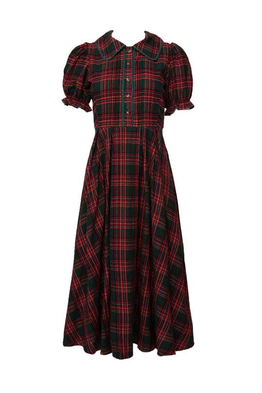 Red and black plaid dress with puffed sleeves on a white background