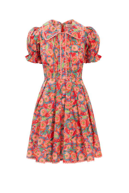 The Sophia Short Dress in Poppy by Ivy City Co is a knee-length cotton midi with bright red, orange, and blue floral print, puffed sleeves, large collar, fitted waist, and pleated skirt—perfect for any occasion.
