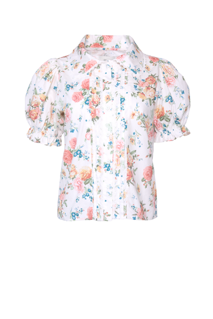 The Sophia Blouse in Countryside Peony Blossom by Ivy City Co is an elegant ivory blouse adorned with a delicate floral pattern in shades of pink, orange, and blue. Featuring charming puffed short sleeves, a smart collar, and pleated details down the front, this blouse brings a touch of sophistication to any wardrobe.