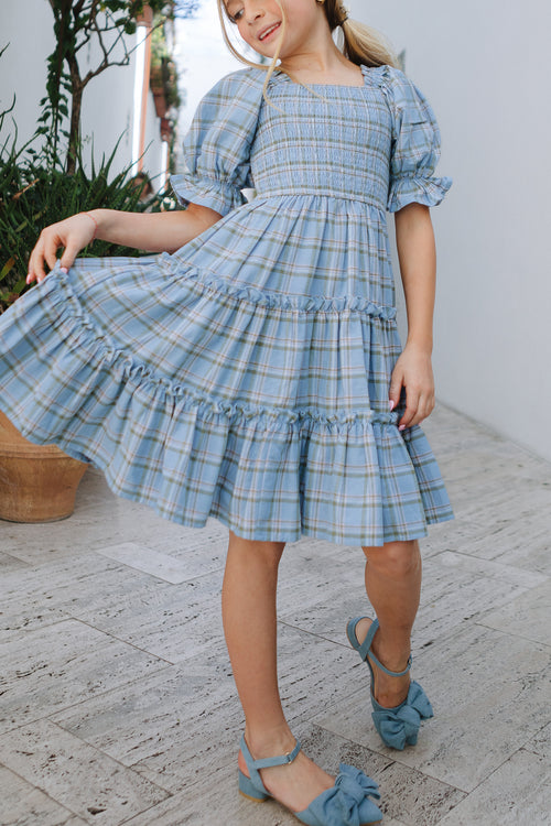 Mini Madeline Dress in Light Blue Plaid