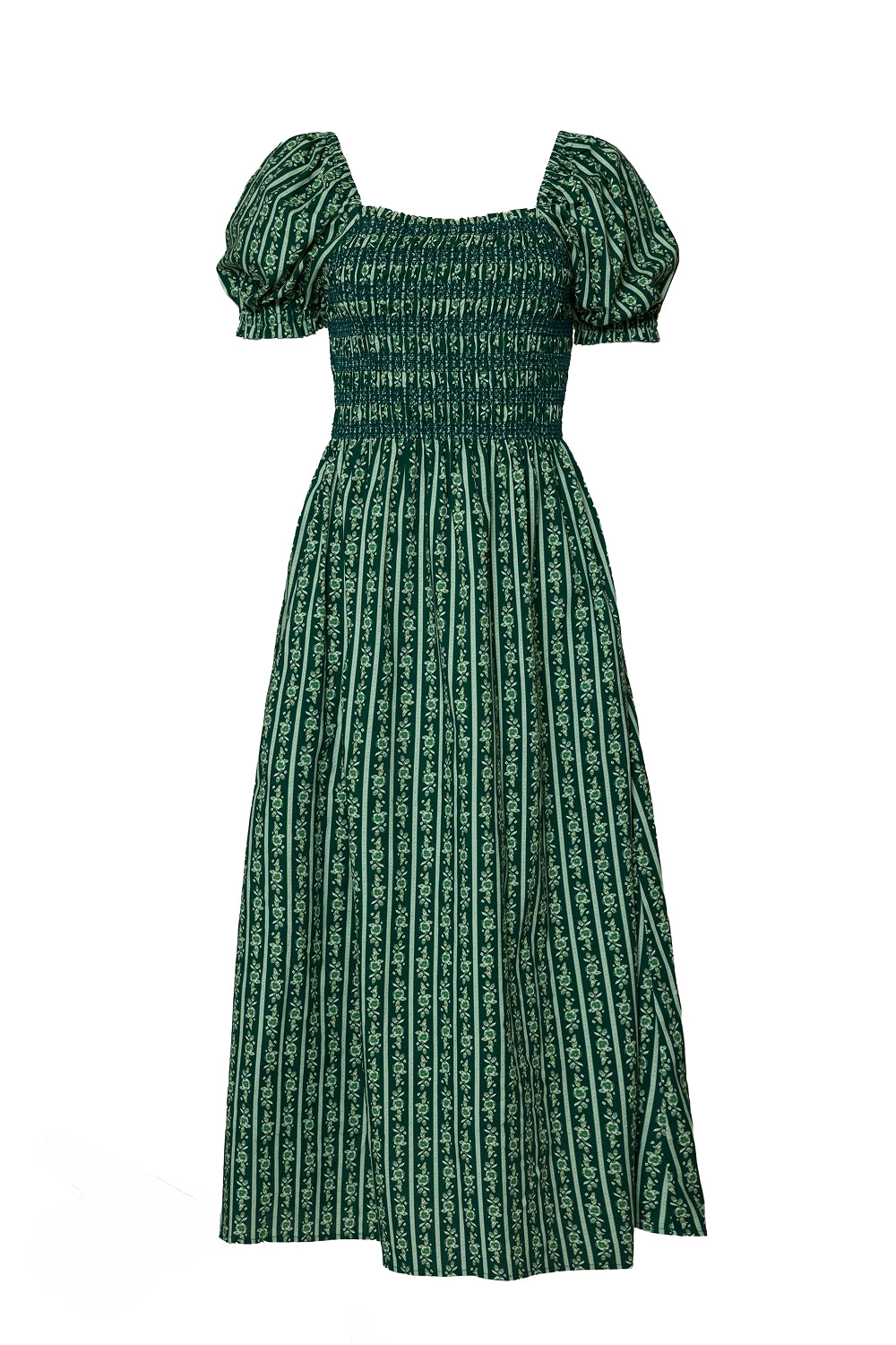 The Sunday Best Dress in Pine Felicity Floral by Ivy City Co features a green, ankle-length design with short puffed sleeves, a smocked bodice, and vertical stripes with delicate florals.