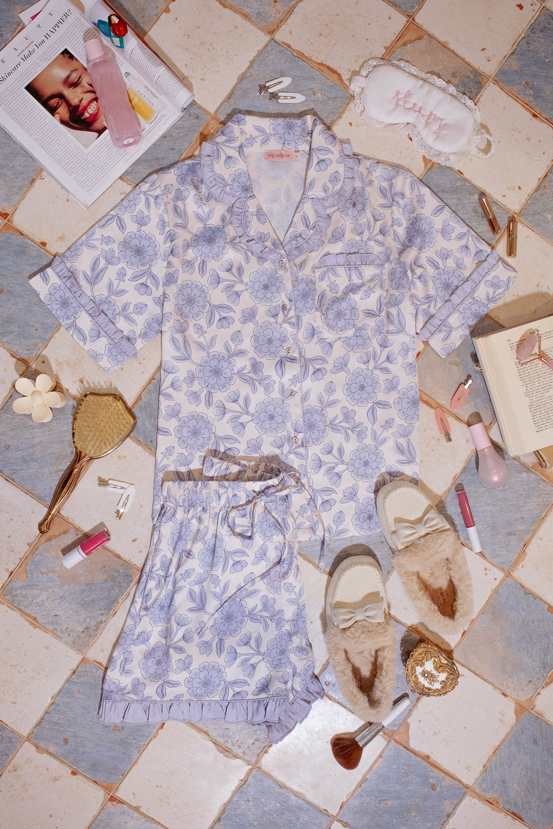 Sylvia Short Sleeve Pajama Set in Blue Floral