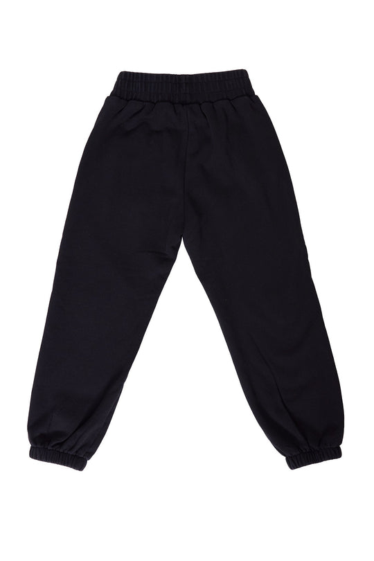 Laid flat on a white background, the Mini Micah Jogger Sweatpants in Black from Ivy City Co feature an elastic waistband and elastic cuffs at the ankles—these girls’ cotton joggers blend comfort with style, making them a perfect pick for everyday wear.