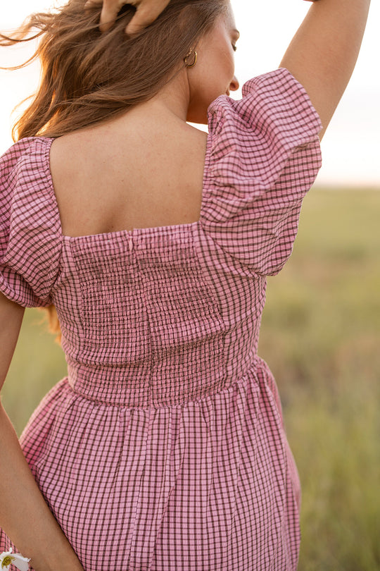 A woman stands in a sunlit field, her arm raised and hair flowing, wearing the Monica Dress in Pink & Brown Gingham by Ivy City Co, captured from behind in soft natural light.