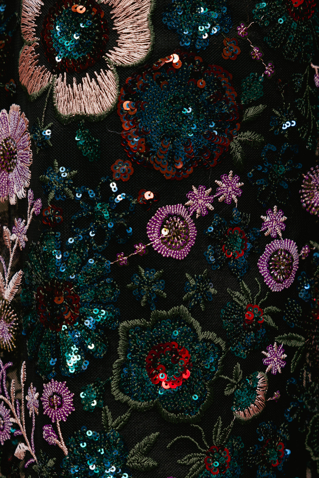 Close-up of a black fabric with colorful floral embroidery and sequins.