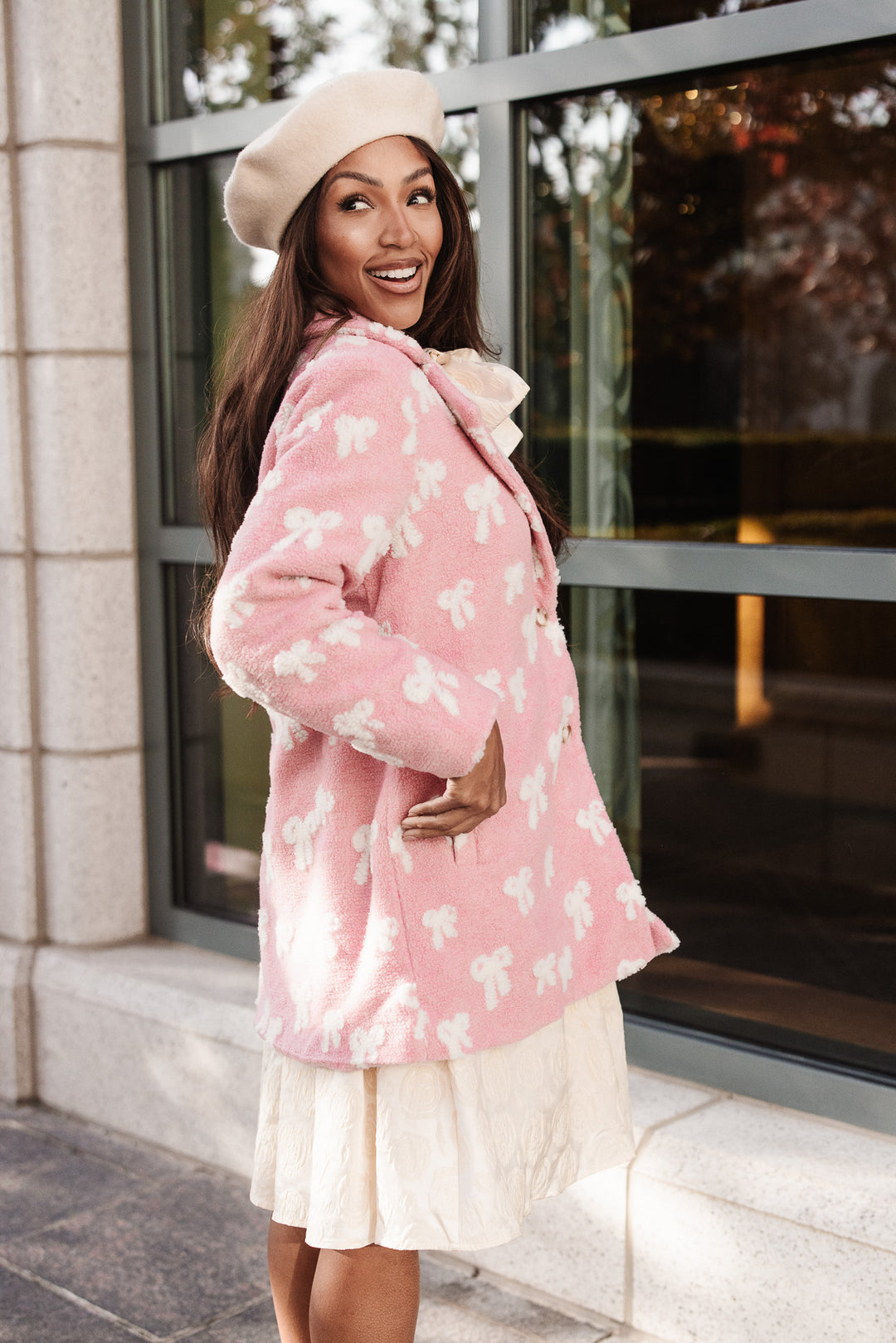 Teddy Coat in Pink Bow Print