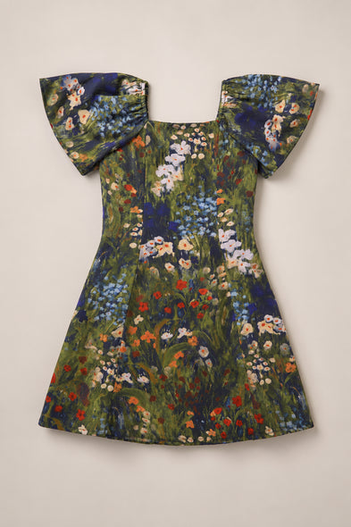 The Teen Blakely Flutter-Sleeve Maxi Dress in Impressionist Bloom by Ivy City Co is a vibrant girls’ fall dress with wide, short flutter sleeves and a colorful floral pattern in reds, blues, greens, and whites reminiscent of a painted wildflower meadow. The dress is displayed laid flat on a neutral background.
