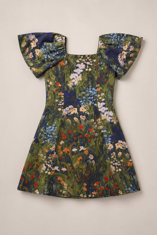 The Ivy City Co Teen Blakely Flutter-Sleeve Dress in Impressionist Bloom features wide, fluttery short sleeves and a square neckline, showcasing a vibrant floral print reminiscent of a painted garden on a dark green and blue background. Laid flat on a neutral surface, this elegant satin dress is the perfect piece to refresh your fall wardrobe.