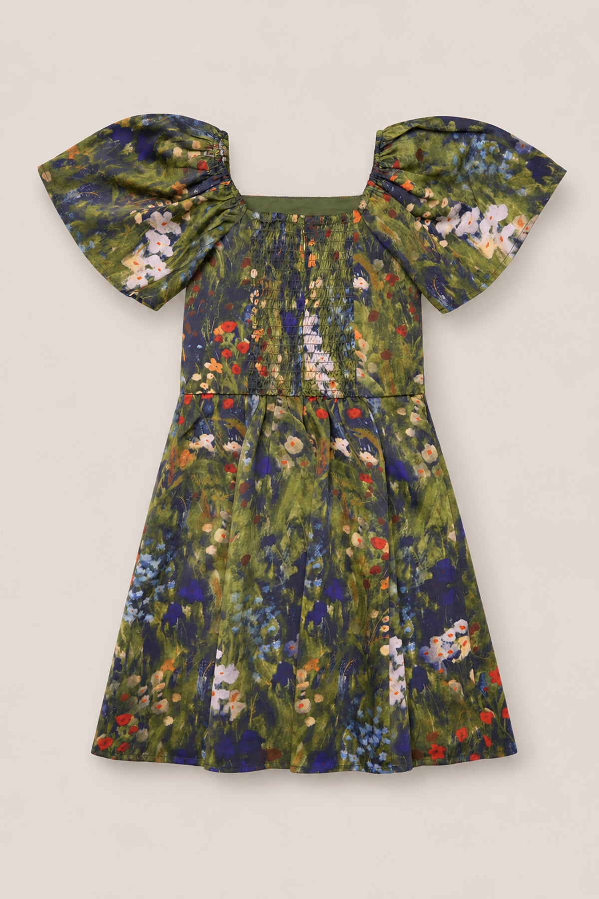 The Ivy City Co Teen Blakely Flutter-Sleeve Dress in Impressionist Bloom features flutter sleeves and a square neckline, adorned with a green, blue, and floral print reminiscent of a painted meadow—an ideal choice to elevate your fall wardrobe.