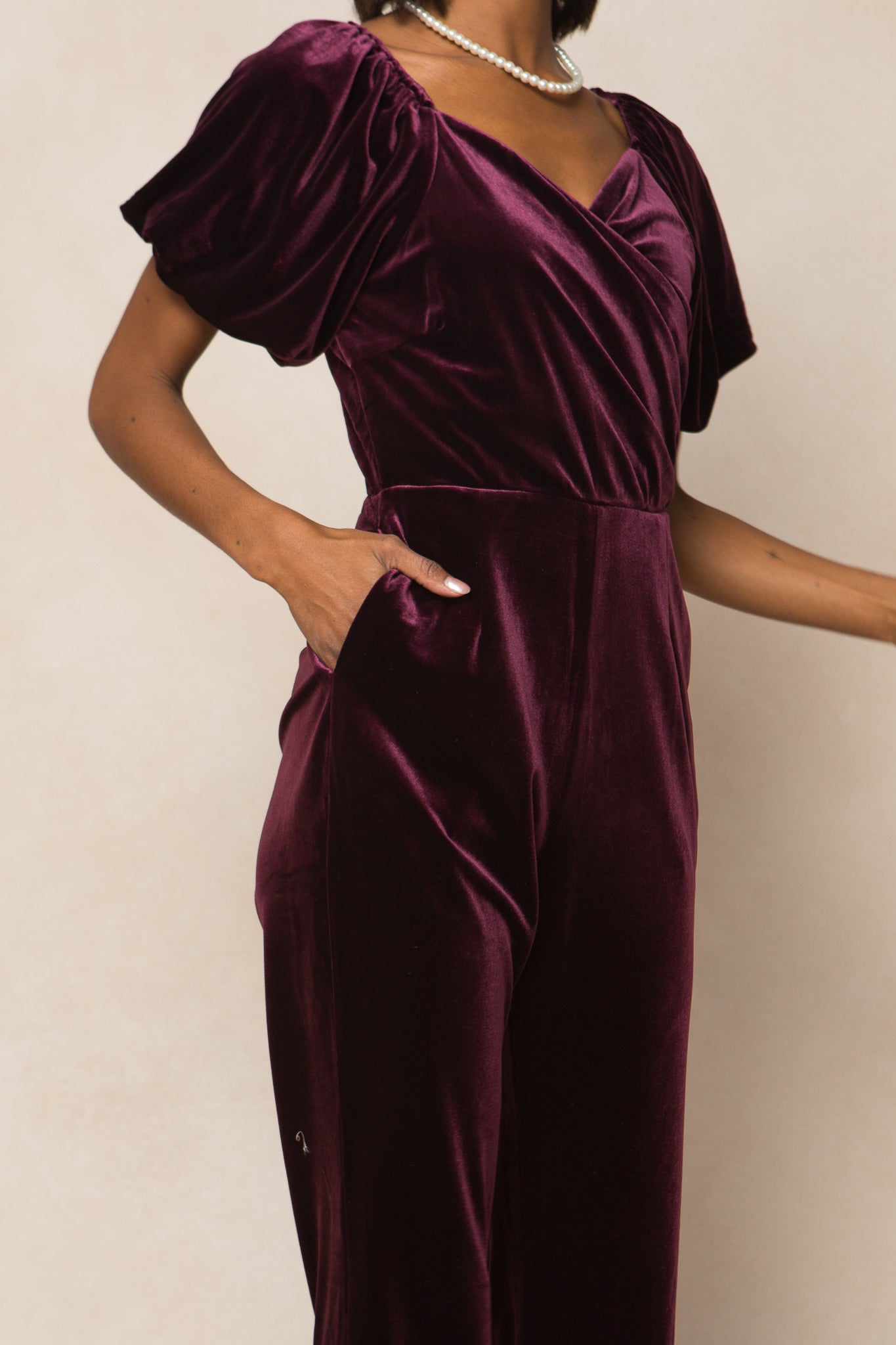 Purple outlets velvet wrap jumpsuit, Short sleeve jumpsuit with pockets