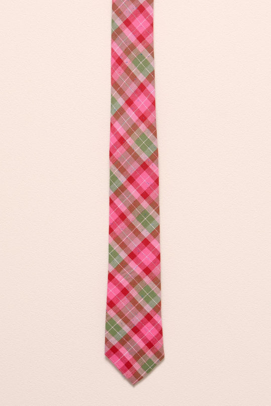 Plaid tie with pink and green pattern on a beige background
